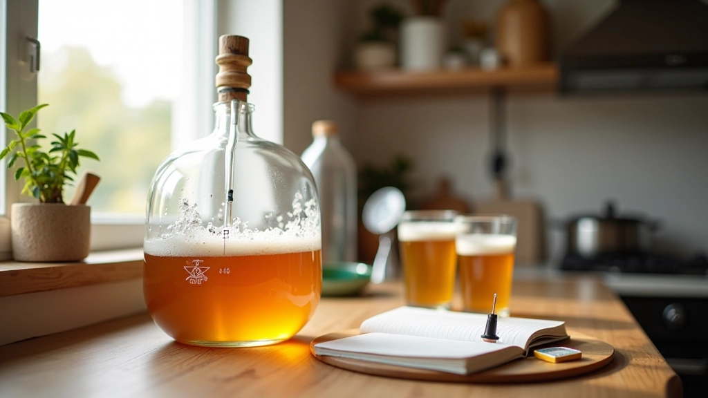 Fermentation vessel with airlock on counter, hydrometer and temperature gauge beside it, notebook with brewing notes