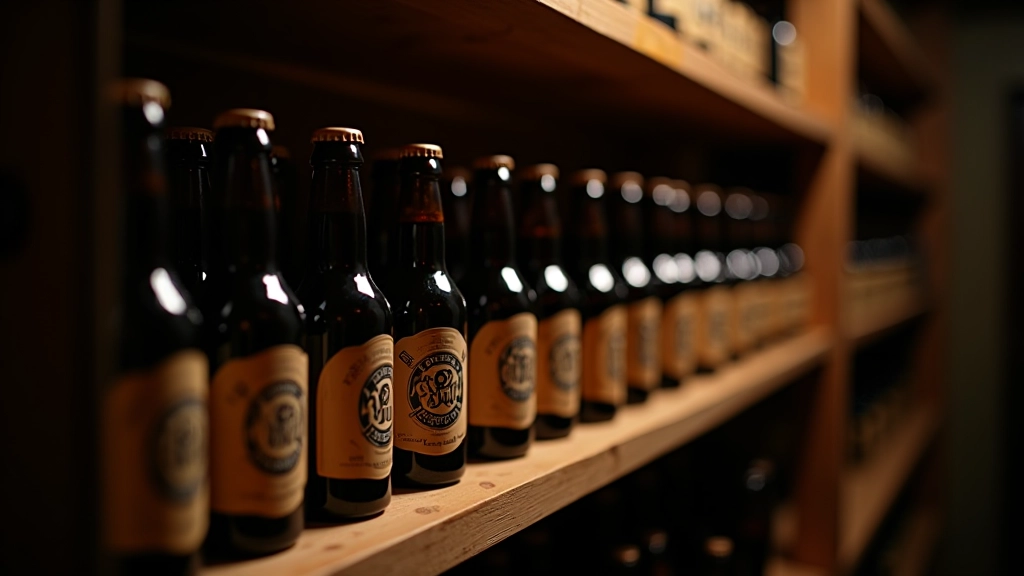 Shelf of carbonating beer bottles with labels, stored at room temperature in dark closet conditions