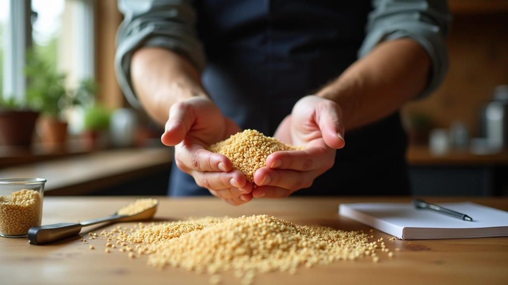 Professional brewer holding handful of pale malted barley grain over a wooden table with measuring scale and recipe notebook
