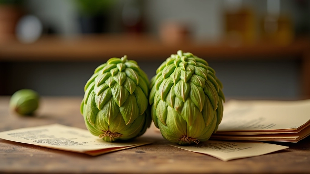Cascade and Centennial hop cones side by side on a wooden brewing bench with recipe cards