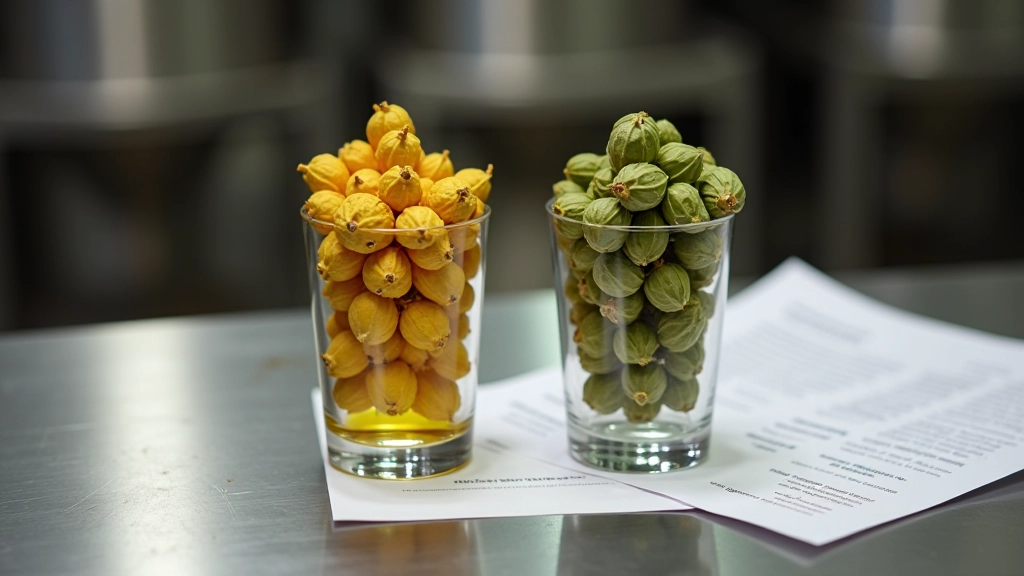 Citra and Mosaic hop cones in brewing glasses with hop utilization charts