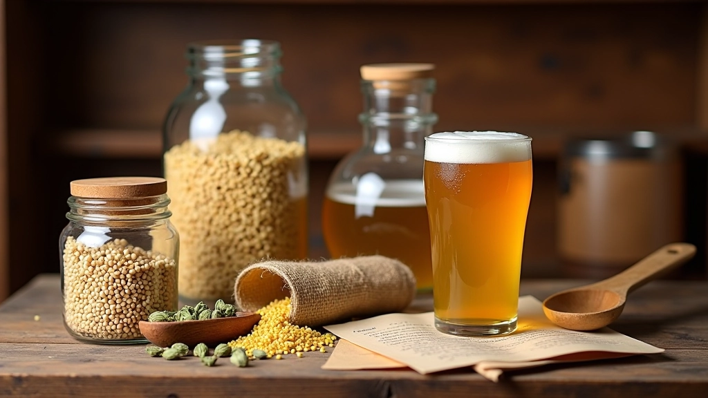 Malted grains in glass containers with wooden measuring spoon and recipe notebook on shelf