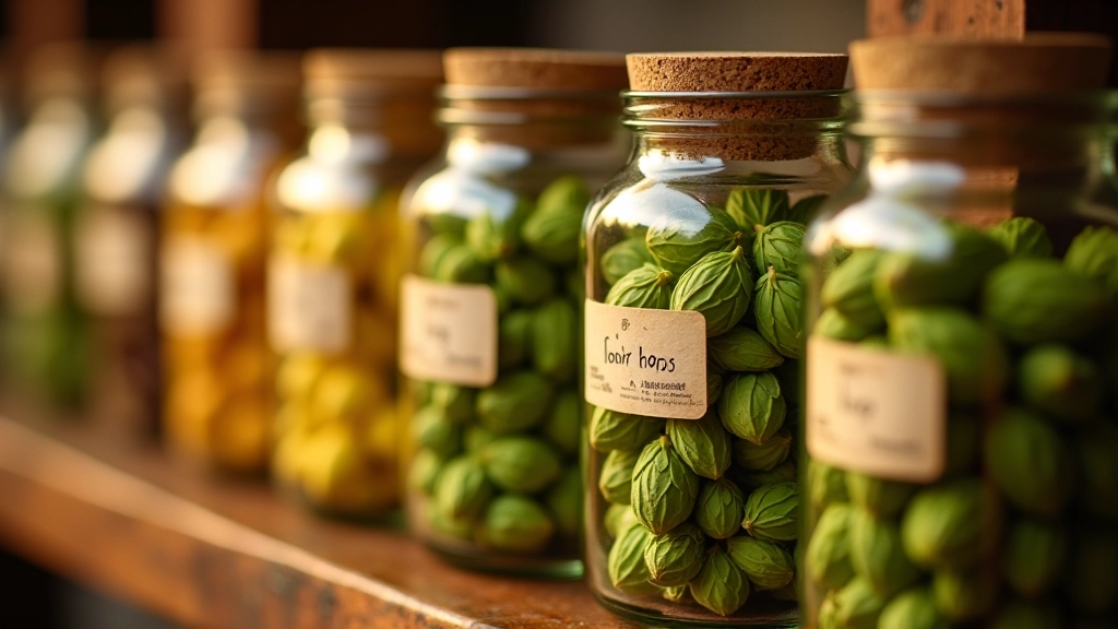 Collection of different hop varieties in containers