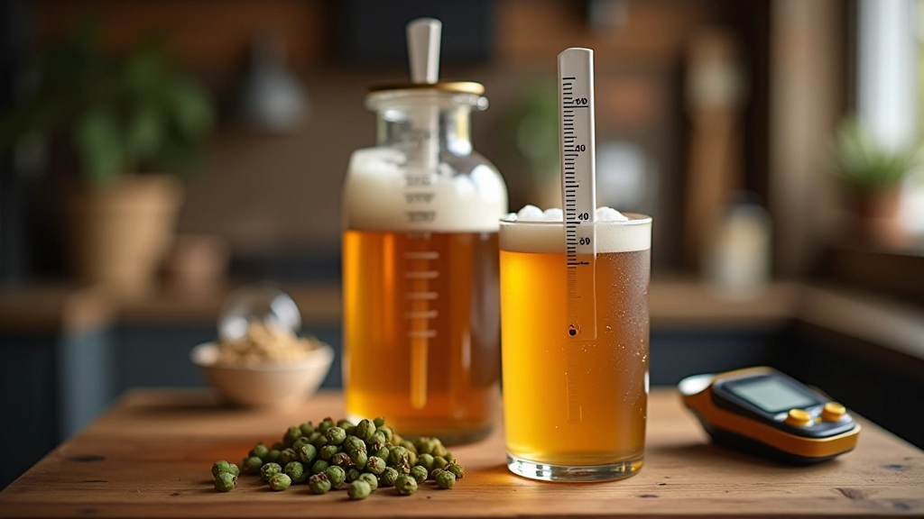 Temperature control setup with thermometer strip on glass carboy, fermentation bucket with water bath, and digital thermometer nearby