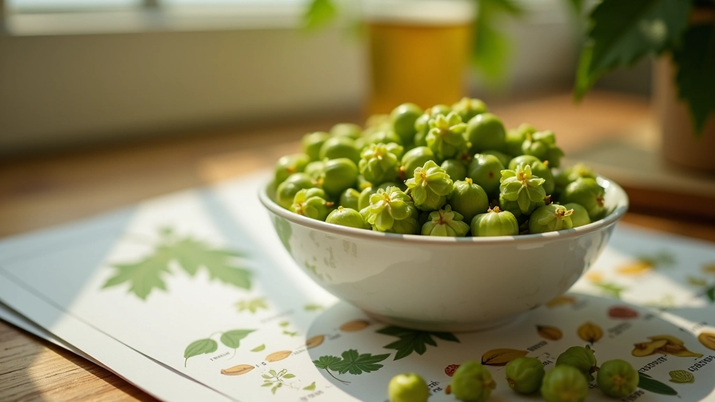 Fresh hop flowers in a ceramic bowl next to a brewing temperature chart and aromatic herb reference guide