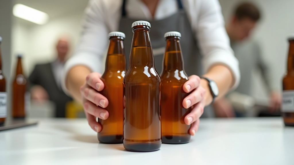Hands holding sanitized beer bottles lined up on a clean bottling table with caps ready