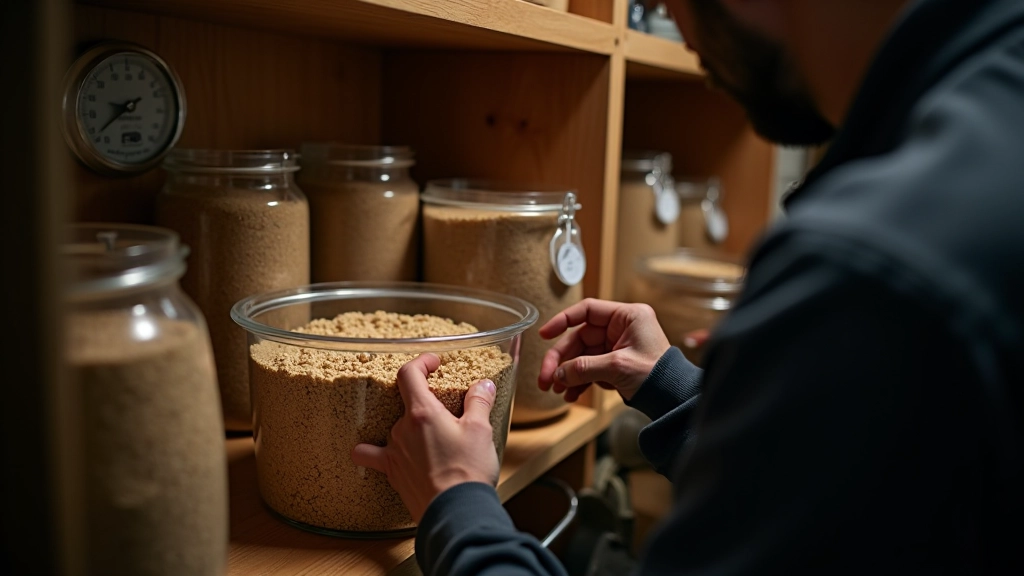 Home brewer storing malted grain in sealed containers on cool dark shelf with temperature and humidity notes on wall