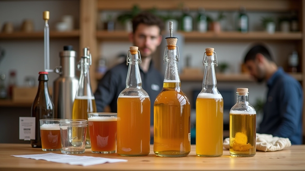 Bottling setup with siphon, capping tool, and labeled beer bottles ready for carbonation on work table