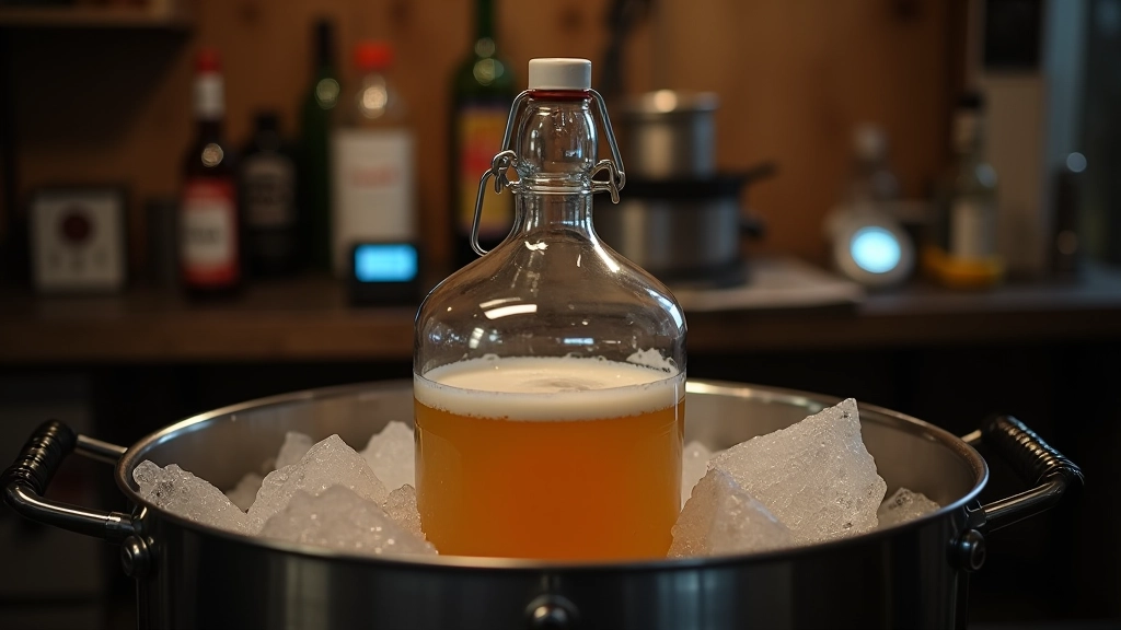 Home brewery setup with fermenter in insulated box, water bottles around carboy, thermometer monitoring temperature changes
