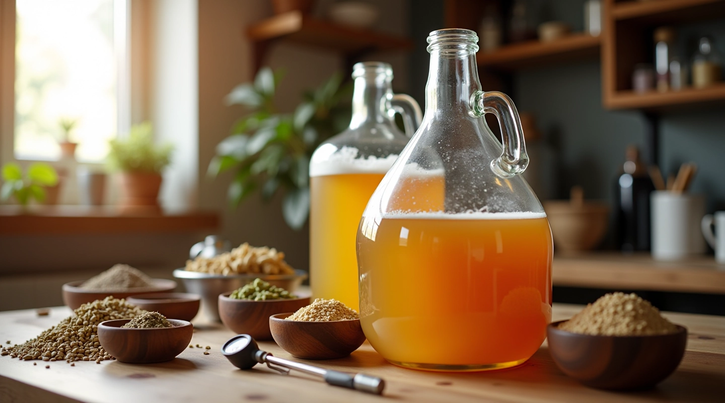 Home brewing setup with glass carboy fermenters, hops, and grain on wooden table in a bright kitchen