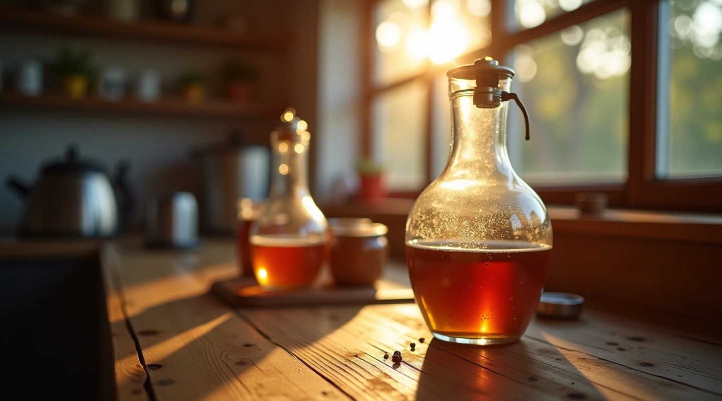 Home brewing setup with fermentation vessels and brewing equipment on wooden counter