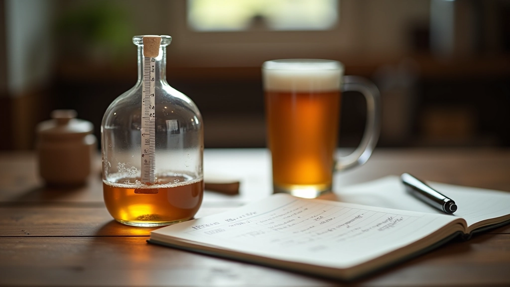 Hydrometer floating in test jar with wort sample, notebook with fermentation log tracking gravity readings over time