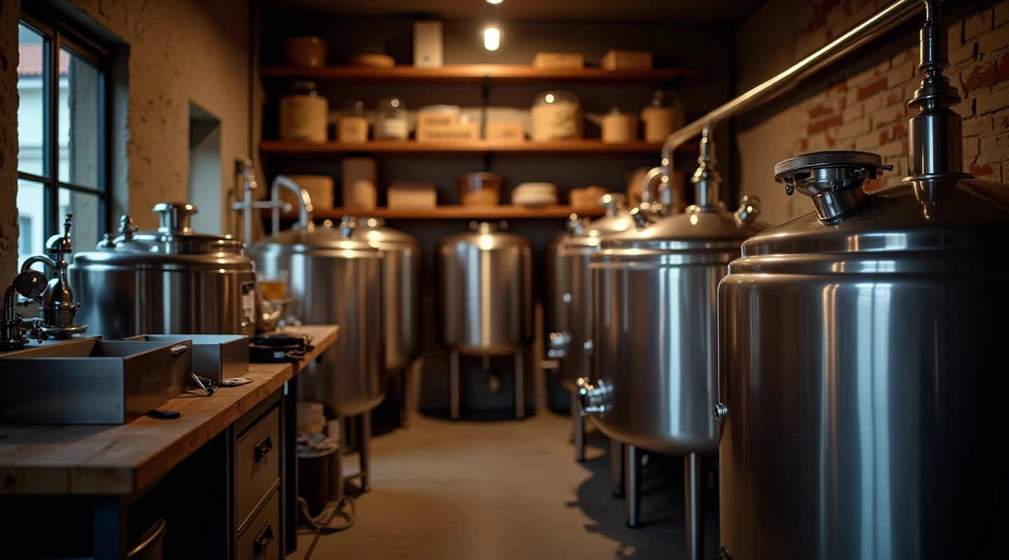 Home brewing setup with fermentation vessels and equipment