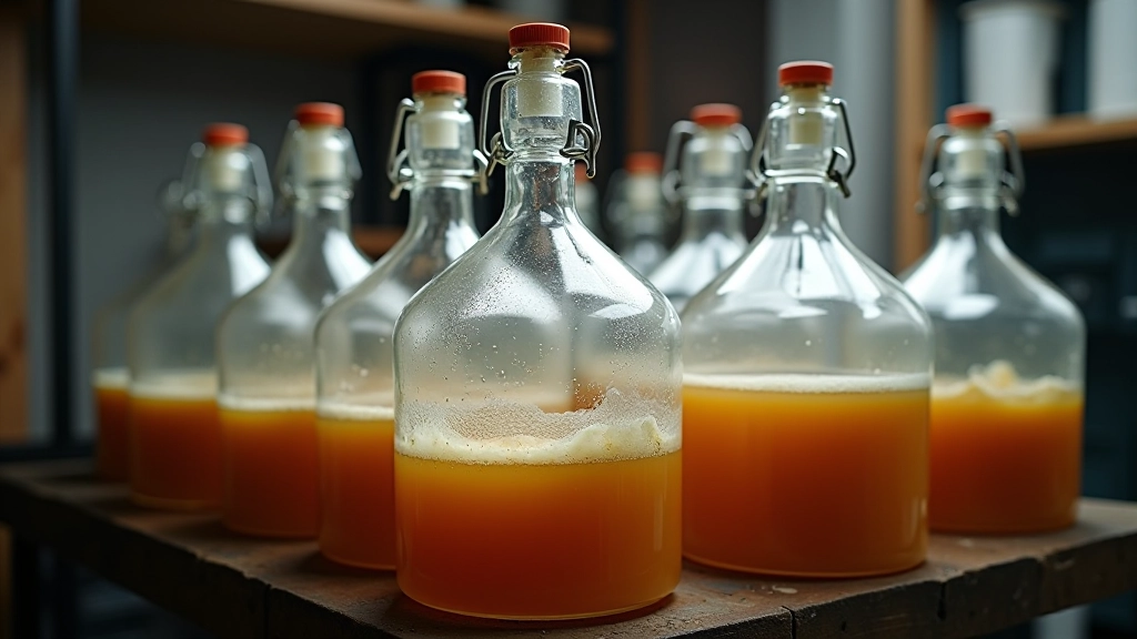 Multiple fermentation vessels at different stages, some clear with sediment at bottom, airlock on one showing minimal activity