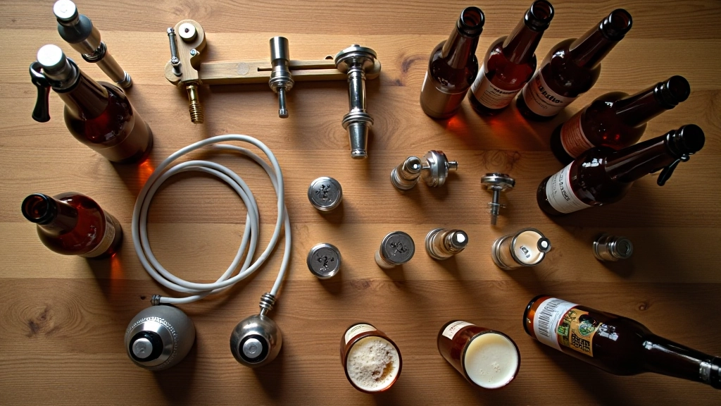 Complete bottling kit with siphon, tubing, capping tool, caps, and bottles arranged on wooden surface