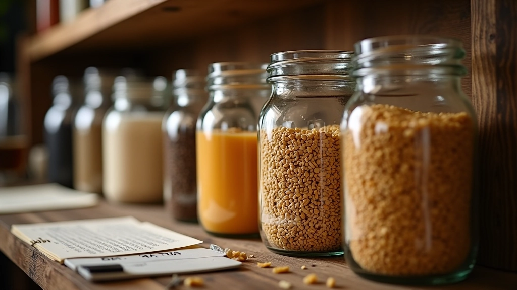 Specialty malts arranged by color intensity from light crystal to black malt in glass jars on wooden shelf with brewing notes