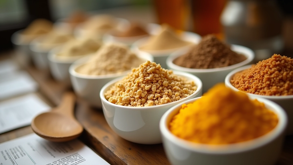Close-up of various malted grains in white bowls, showing different colors from pale to dark, wooden brewing spoon nearby